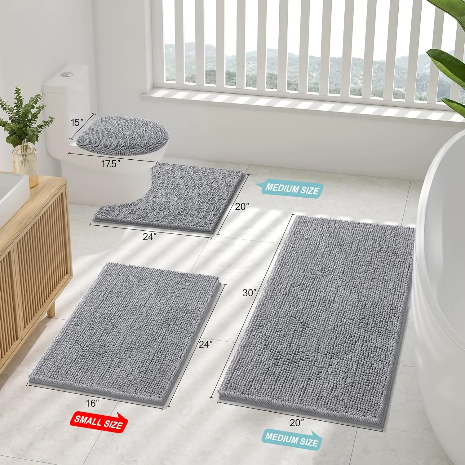 Smiry Bathroom Rugs Sets 2 Piece, Soft Absorbent Chenille Machine Washable Non Slip Shaggy Bath Rug Set for Tub, Shower, and Floor (30x20 24x16, Dark Grey)