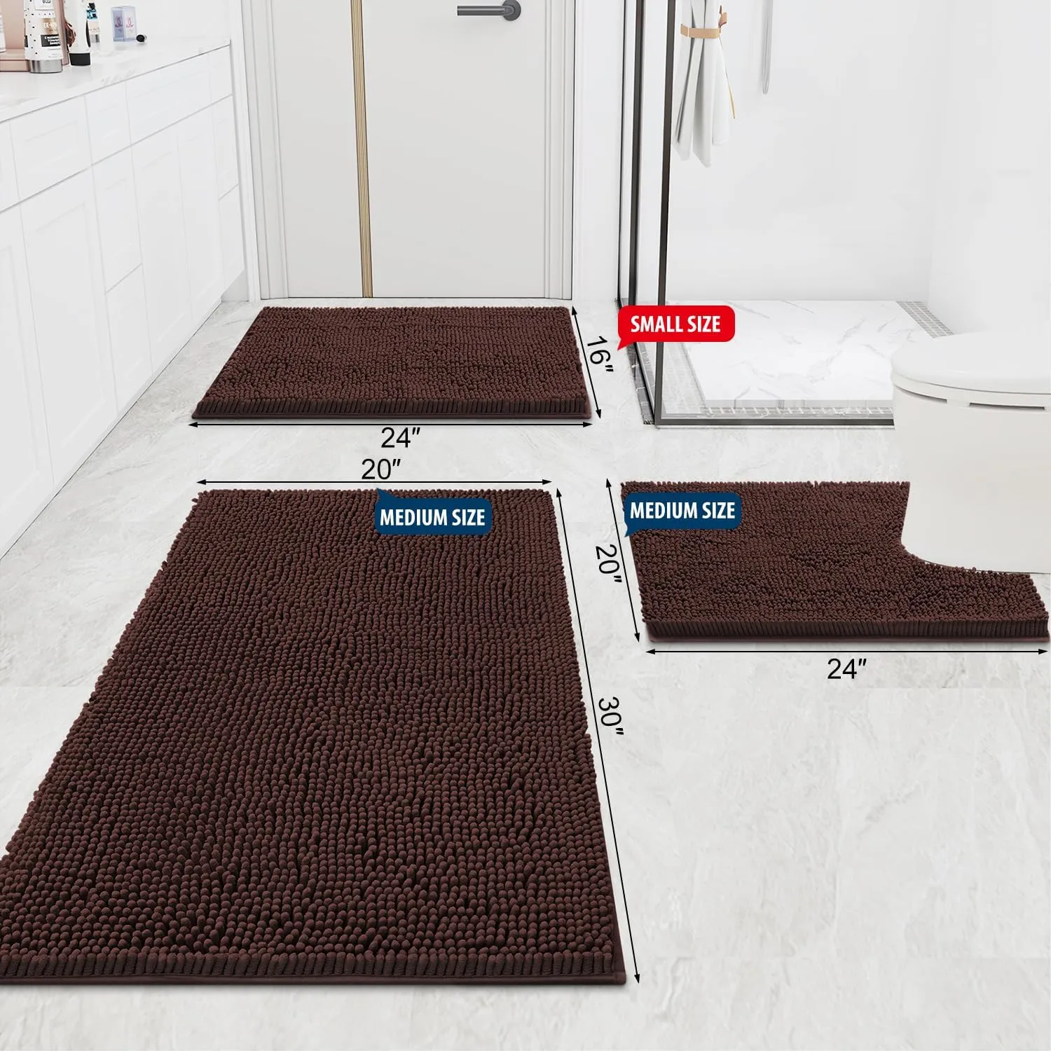 Smiry Luxury Chenille Bathroom Rugs 30x20, Extra Soft and Absorbent Shaggy Bath Mat, Machine Washable, Non-Slip Plush Carpet Runner for Tub, Shower, and Floor, Home Decor Accessories, Brown