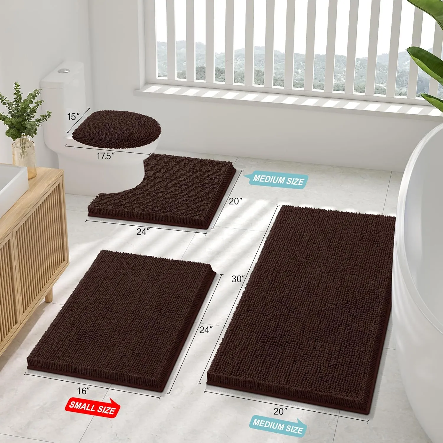 Smiry Luxury Chenille Bathroom Rugs 30x20, Extra Soft and Absorbent Shaggy Bath Mat, Machine Washable, Non-Slip Plush Carpet Runner for Tub, Shower, and Floor, Home Decor Accessories, Brown