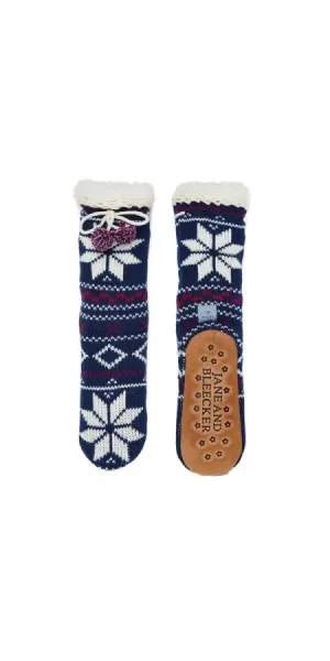 Snowflake Pom Tie Scallop Top Slipper Sock - Ink