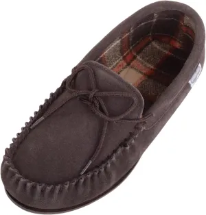 SNUGRUGS Mens Cotton Lined Suede Moccasin Slipper with Rubber Sole