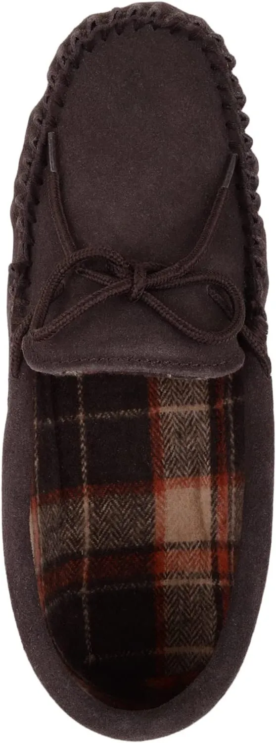 SNUGRUGS Mens Cotton Lined Suede Moccasin Slipper with Rubber Sole
