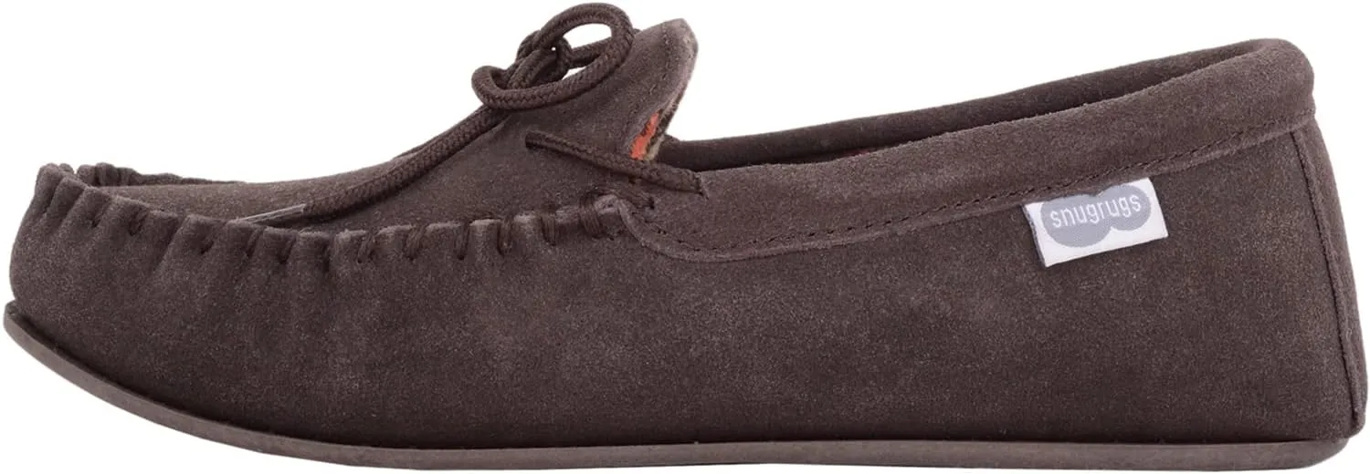 SNUGRUGS Mens Cotton Lined Suede Moccasin Slipper with Rubber Sole