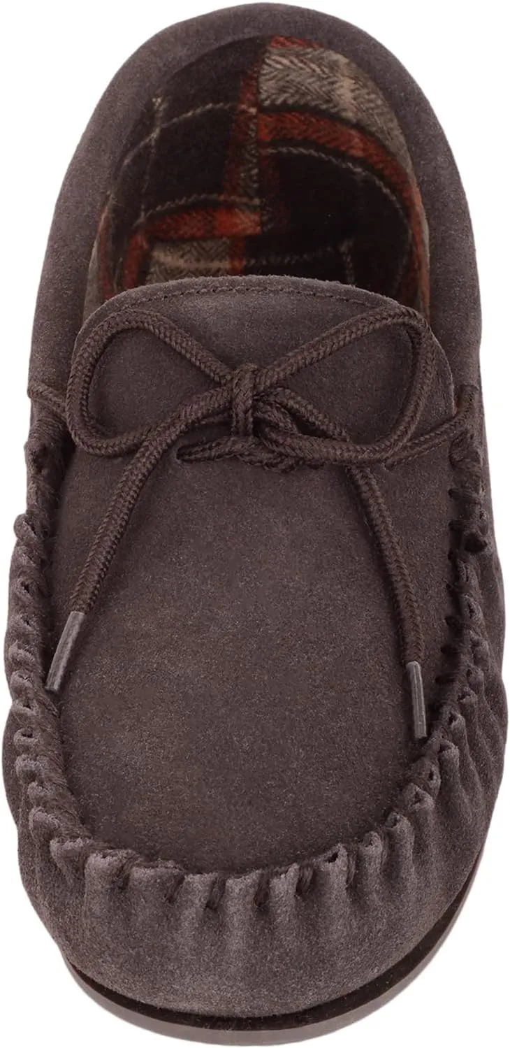 SNUGRUGS Mens Cotton Lined Suede Moccasin Slipper with Rubber Sole