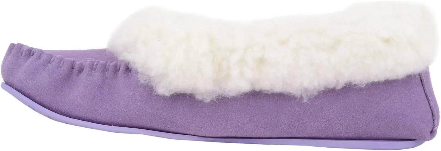 SNUGRUGS Womens Luxury Lambswool Suede Moccasin Slipper with Wool Cuff & Rubber Sole