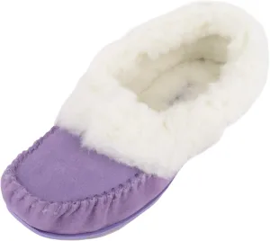 SNUGRUGS Womens Luxury Lambswool Suede Moccasin Slipper with Wool Cuff & Rubber Sole