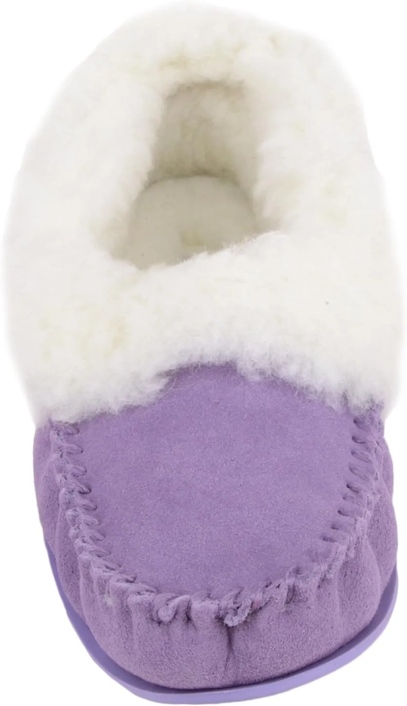 SNUGRUGS Womens Luxury Lambswool Suede Moccasin Slipper with Wool Cuff & Rubber Sole