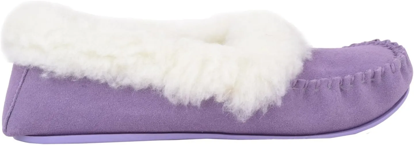 SNUGRUGS Womens Luxury Lambswool Suede Moccasin Slipper with Wool Cuff & Rubber Sole