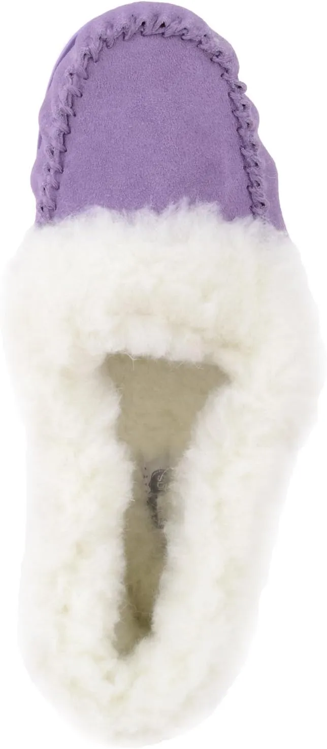 SNUGRUGS Womens Luxury Lambswool Suede Moccasin Slipper with Wool Cuff & Rubber Sole