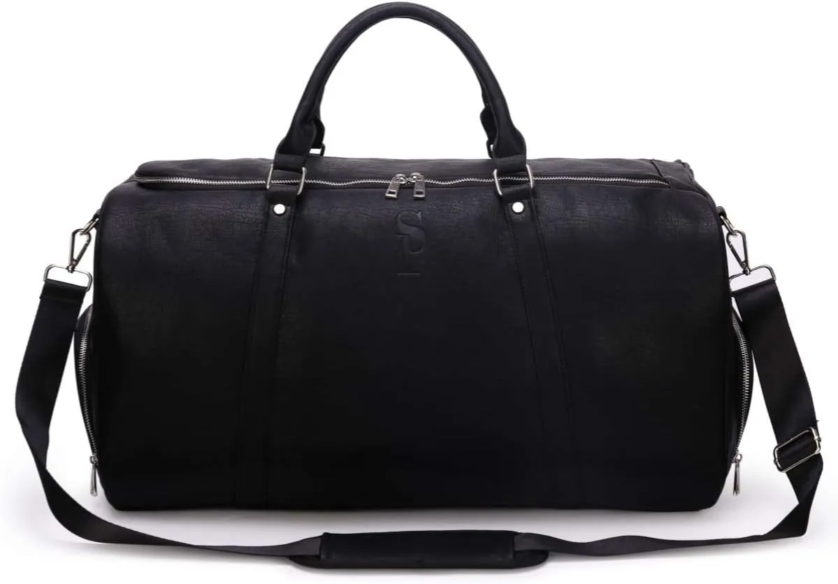 Sole Premise Leather Duffle Bag for Multi-functional Travel Carry-on with Shoe Compartments for Men & Women (Black)