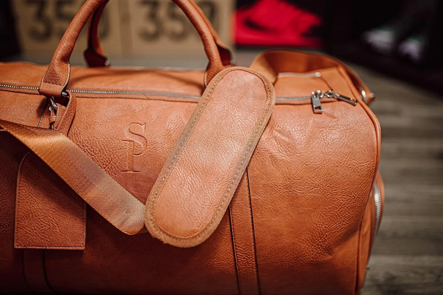 Sole Premise Leather Duffle Bag for Multi-functional Travel Carry-on with Shoe Compartments for Men & Women (Brown)