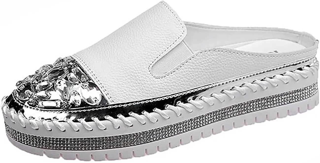 SOLPNOW Women'S Rhinestone Platform Loafers Round Toe Flats,Slip-On Fashionable Low-Cut Casual Shoes with Increase Height,Comfortable Non-Slip Walking Shoes