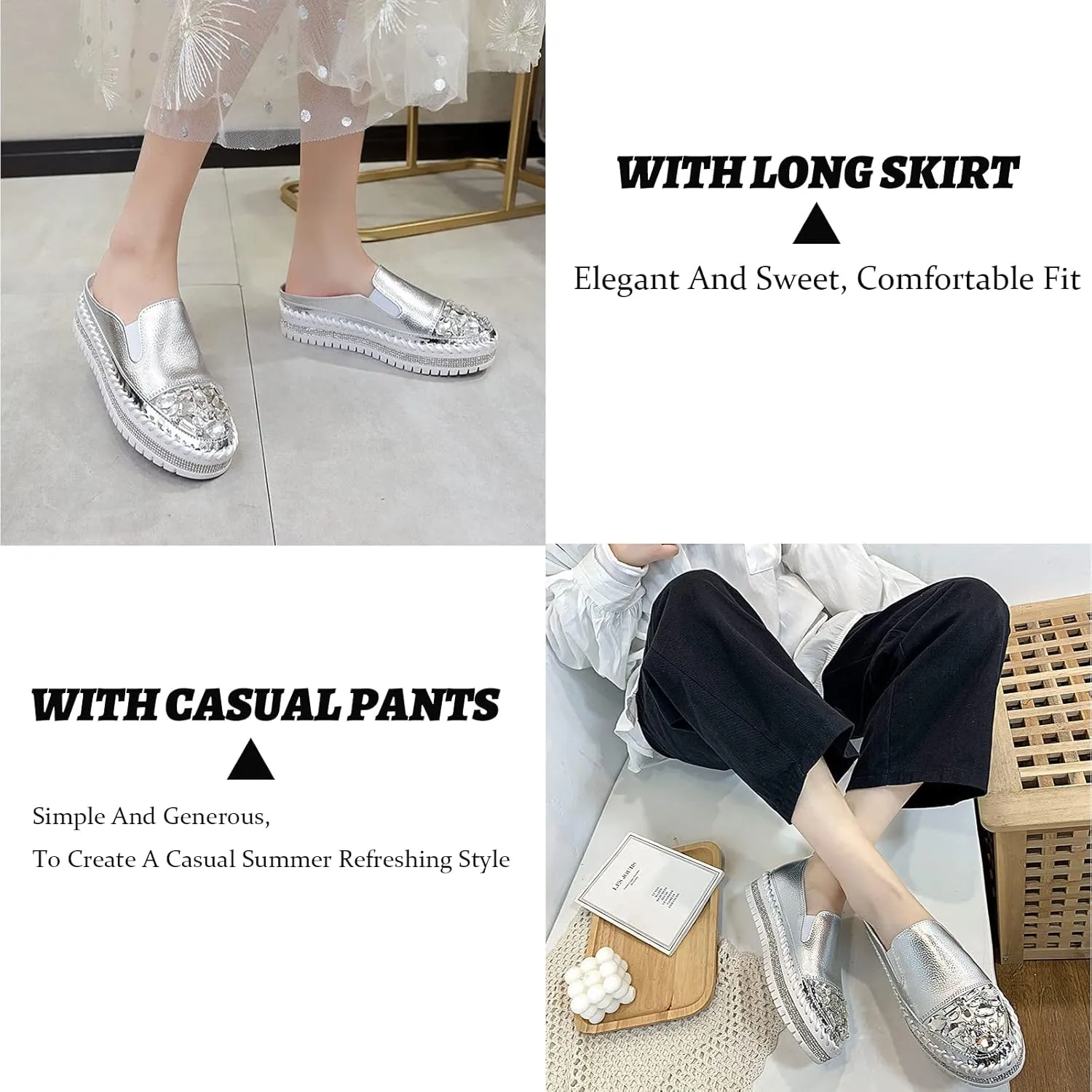 SOLPNOW Women'S Rhinestone Platform Loafers Round Toe Flats,Slip-On Fashionable Low-Cut Casual Shoes with Increase Height,Comfortable Non-Slip Walking Shoes