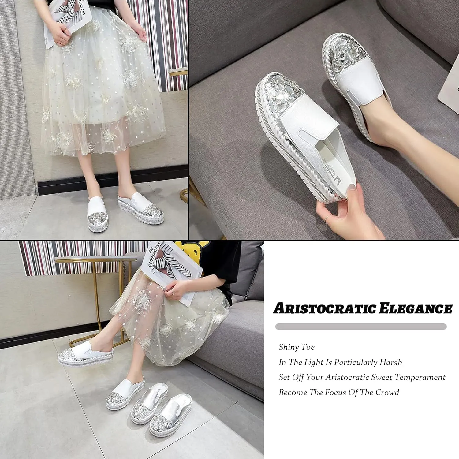 SOLPNOW Women'S Rhinestone Platform Loafers Round Toe Flats,Slip-On Fashionable Low-Cut Casual Shoes with Increase Height,Comfortable Non-Slip Walking Shoes