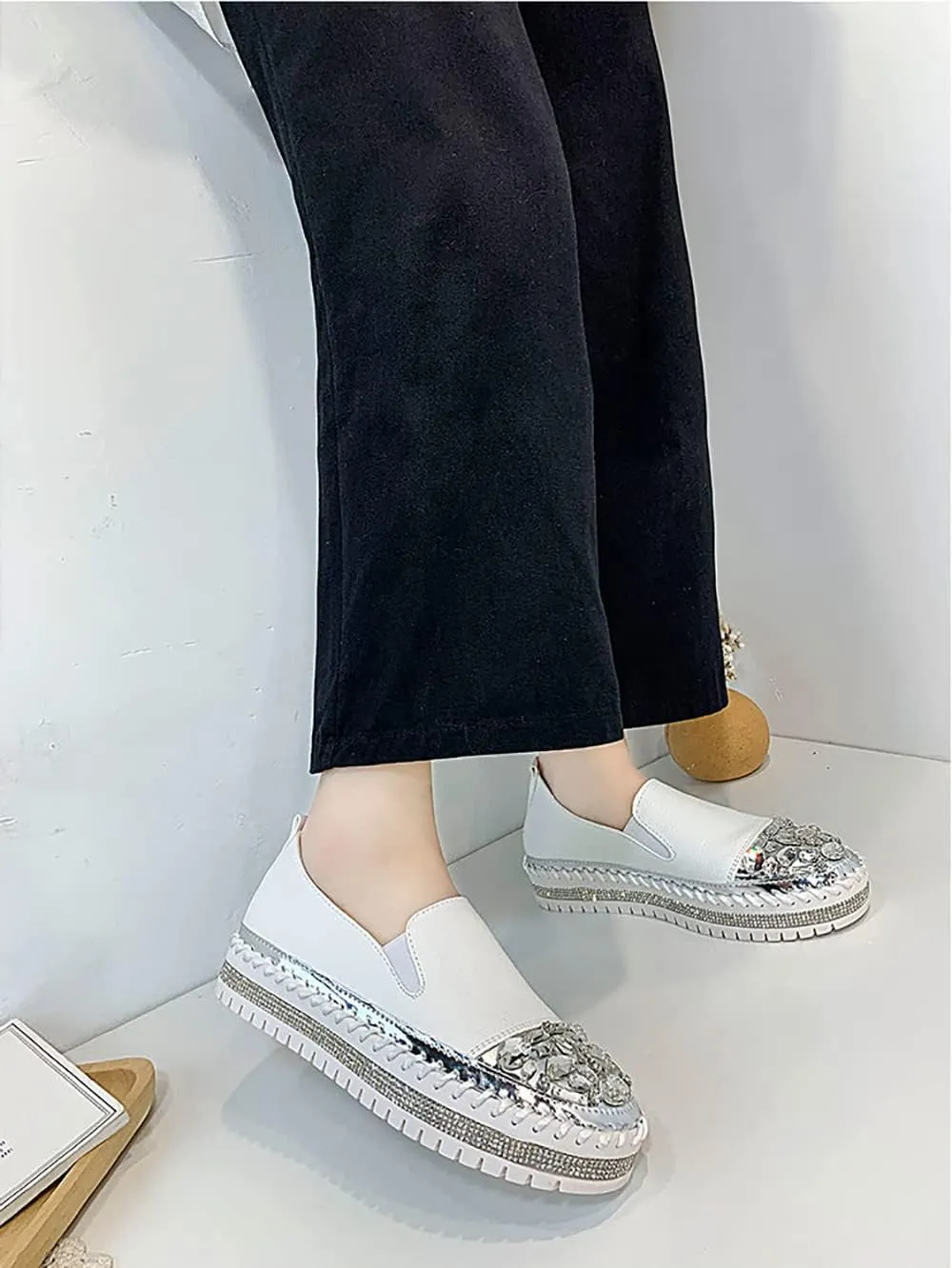 SOLPNOW Women'S Rhinestone Platform Loafers Round Toe Flats,Slip-On Fashionable Low-Cut Casual Shoes with Increase Height,Comfortable Non-Slip Walking Shoes
