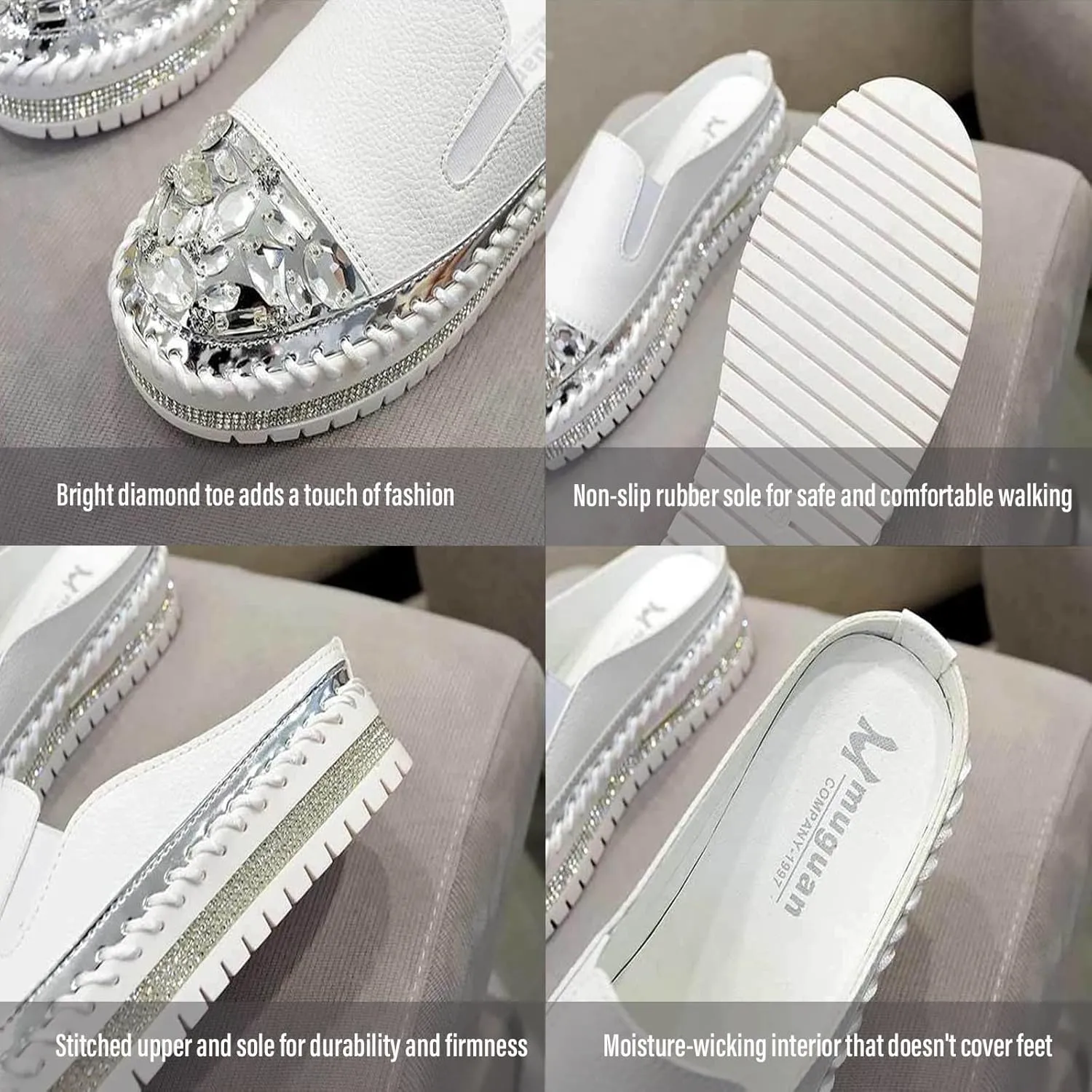 SOLPNOW Women'S Rhinestone Platform Loafers Round Toe Flats,Slip-On Fashionable Low-Cut Casual Shoes with Increase Height,Comfortable Non-Slip Walking Shoes