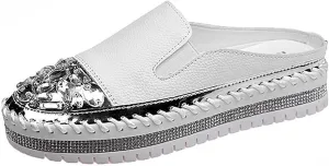 SOLPNOW Women'S Rhinestone Platform Loafers Round Toe Flats,Slip-On Fashionable Low-Cut Casual Shoes with Increase Height,Comfortable Non-Slip Walking Shoes