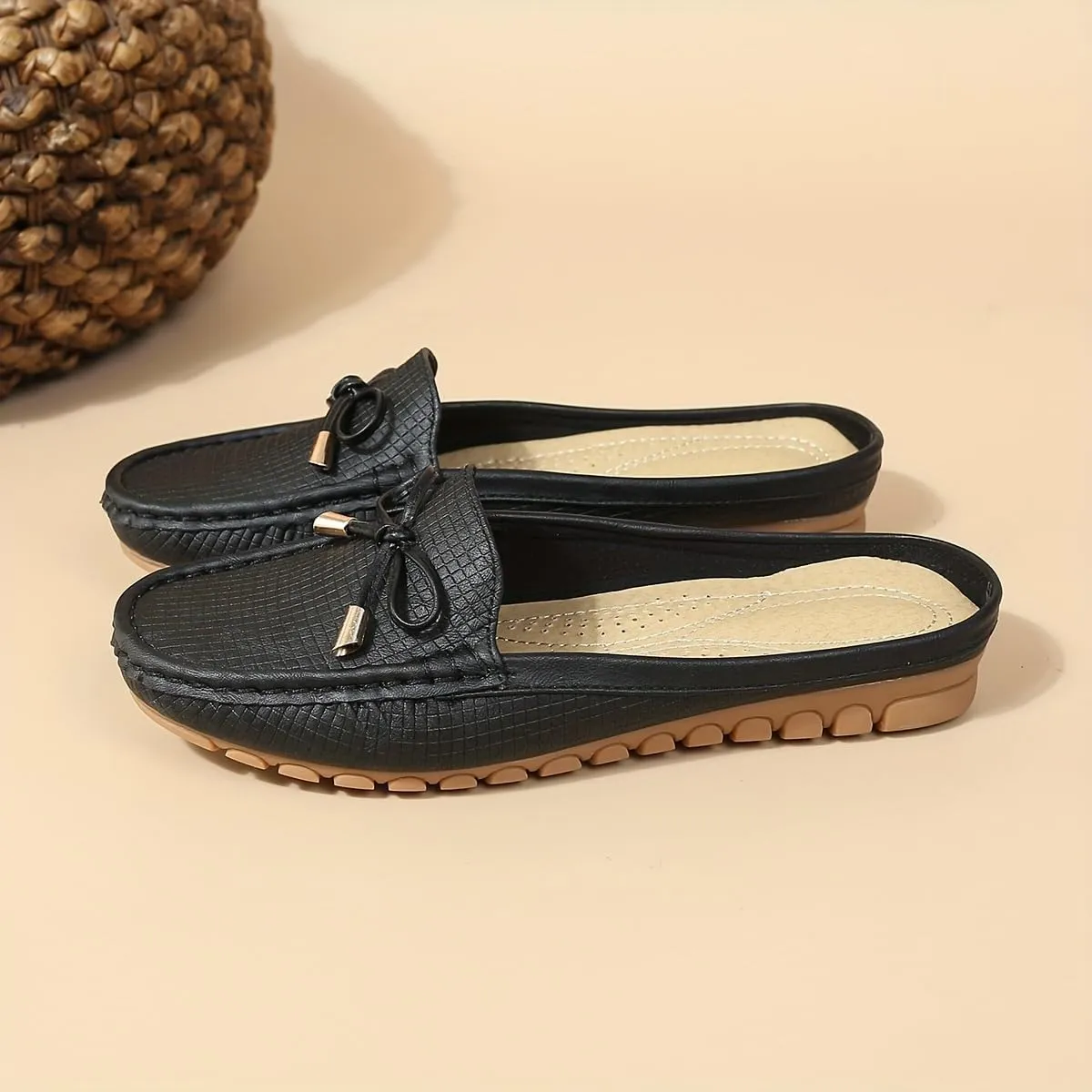 Spring And Summer Headless Half-Slippers, Cool Slippers, Ladies' Hand-sewn Bow, Lazy Slip-on Slippers,