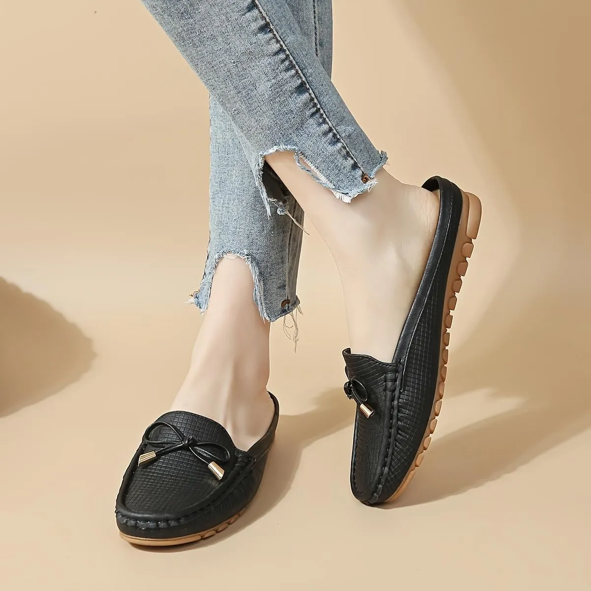 Spring And Summer Headless Half-Slippers, Cool Slippers, Ladies' Hand-sewn Bow, Lazy Slip-on Slippers,