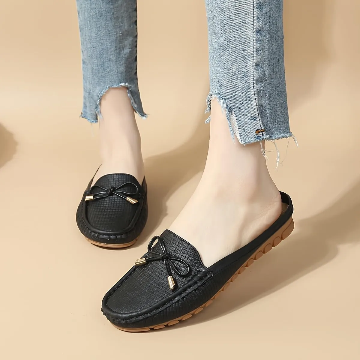 Spring And Summer Headless Half-Slippers, Cool Slippers, Ladies' Hand-sewn Bow, Lazy Slip-on Slippers,