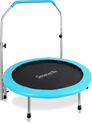 Springless Sports Adult Size Trampoline - 33.8” Foldable Spacesaver Heavy Duty Jumping Mat Rebounder for Adults W/Padded Frame Cover, 35” to 46” Adjustable Handrail, Carry Bag - SereneLife