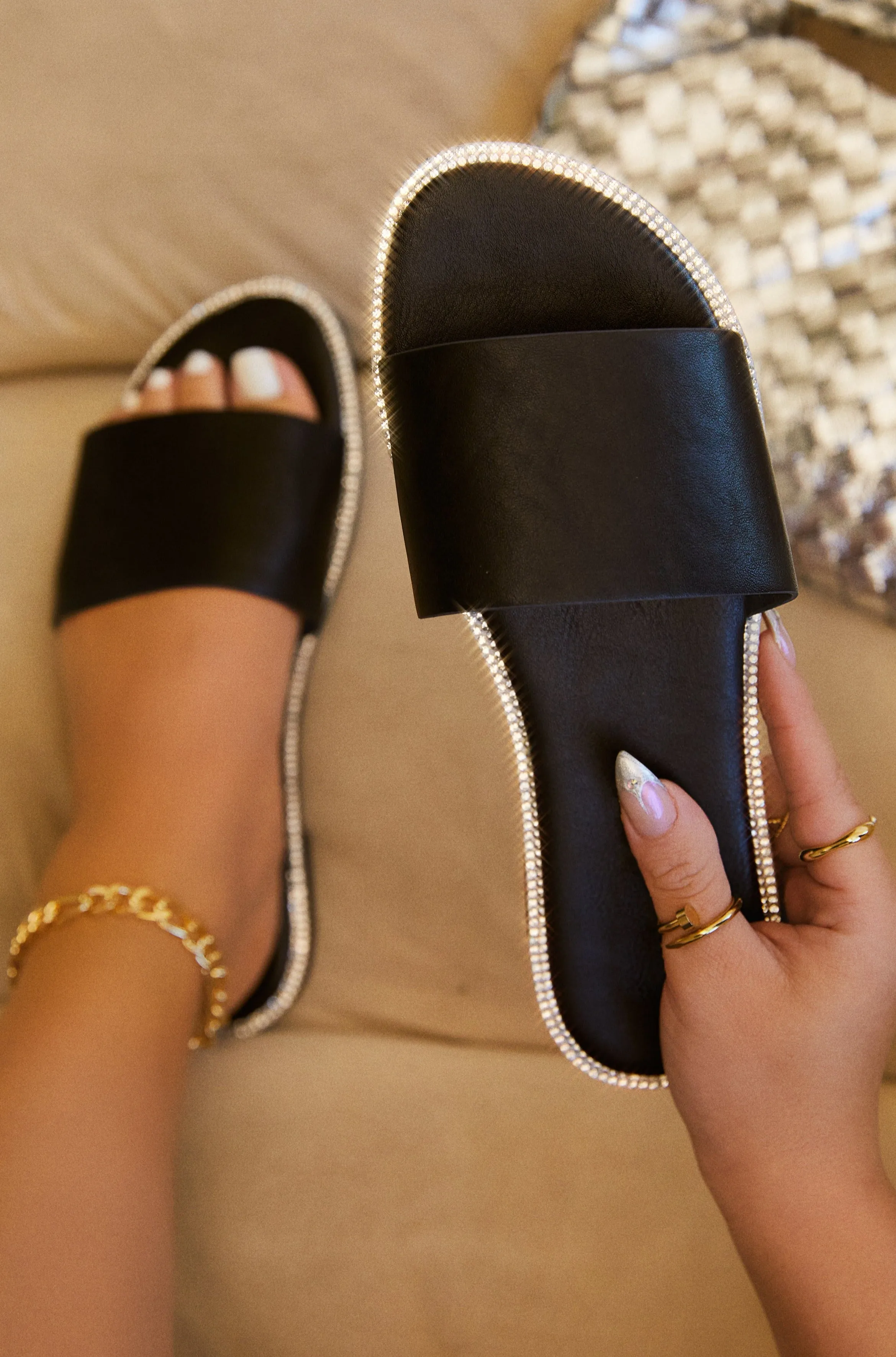 Summer Forever Embellished Flat Slip On Sandals - Gold