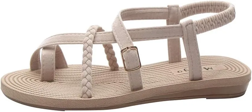 Summer Women's Fashion Flats Flip Flops Bottom Roman Sandals Wild Cross Straps Clip Toe Outdoor Beach Shoes (Beige-05#A, 5)