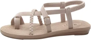 Summer Women's Fashion Flats Flip Flops Bottom Roman Sandals Wild Cross Straps Clip Toe Outdoor Beach Shoes (Beige-05#A, 5)