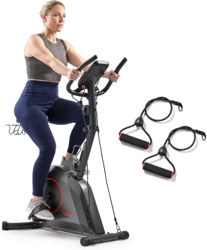 Sunny Health & Fitness Stationary Exercise Upright Bike w/Pulse Sensor & 4-Way Adjustable Seat, Cycling Machine for Home Cardio Training, Optional Resistance Bands and Free SunnyFit App Bluetooth Link