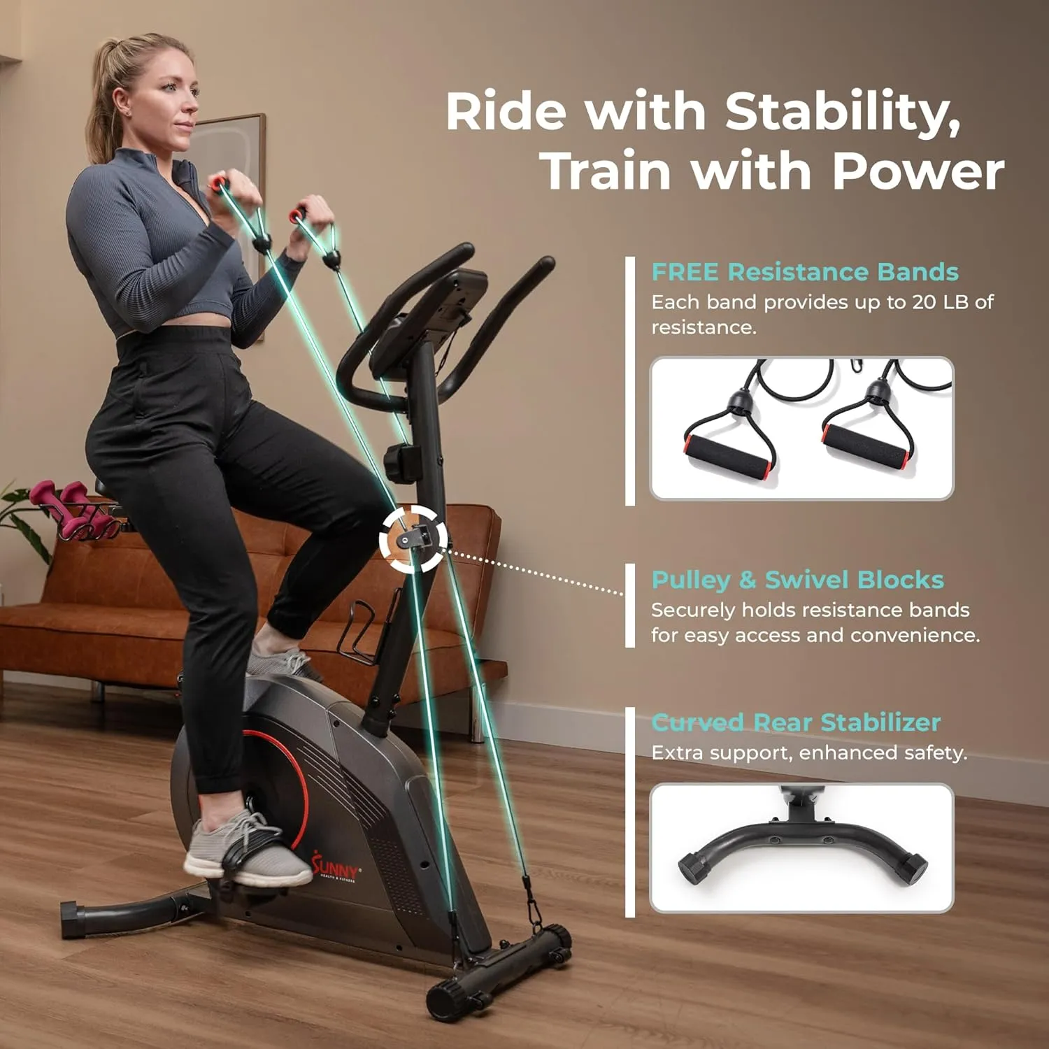 Sunny Health & Fitness Stationary Exercise Upright Bike w/Pulse Sensor & 4-Way Adjustable Seat, Cycling Machine for Home Cardio Training, Optional Resistance Bands and Free SunnyFit App Bluetooth Link