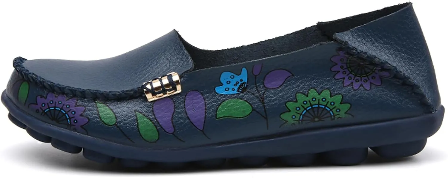 Sunporx Women's Comfortable Loafers Driving Moccasins Shoe Casual Leathers Slip on Round Toe Breathable Walking