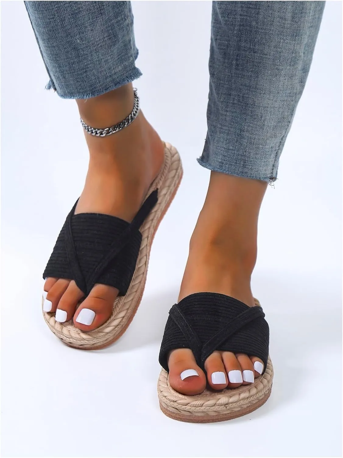 SweatyRocks Women's Woven Thong Sandals Open Toe Slip on Corduroy Vacation Flip Flops
