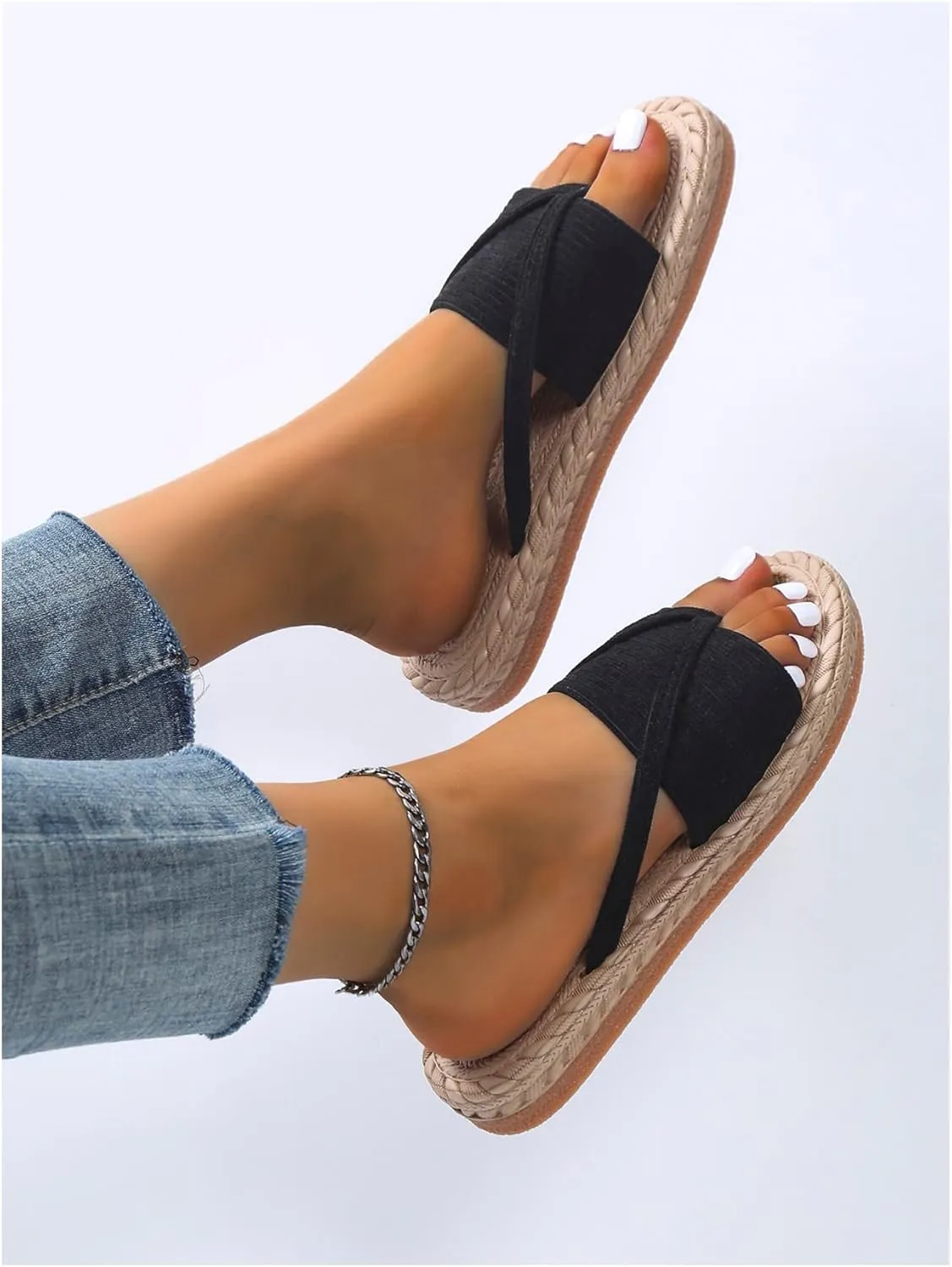 SweatyRocks Women's Woven Thong Sandals Open Toe Slip on Corduroy Vacation Flip Flops