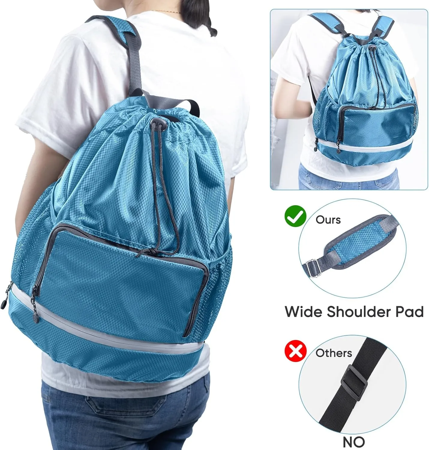 Swim Essentials Beach Gym Bag - Drawstring Backpack with Shoes Compartment and Waterproof Pocket for Kids, Men - Workout Bag
