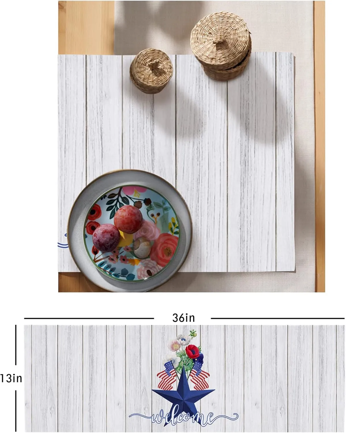 Table Runners 36 inches Long Patriotic Star and Red Popies Wood Texture Welcome Small Table Runner for Coffee Table Dresser Scarf Decor,Farmhouse Short Runners for Home Kitchen Dining Wedding Party