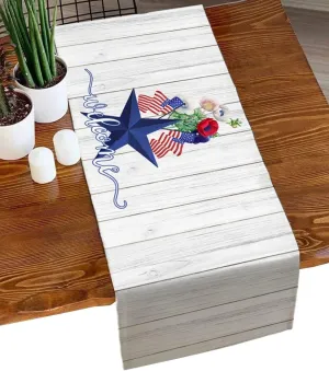 Table Runners 36 inches Long Patriotic Star and Red Popies Wood Texture Welcome Small Table Runner for Coffee Table Dresser Scarf Decor,Farmhouse Short Runners for Home Kitchen Dining Wedding Party