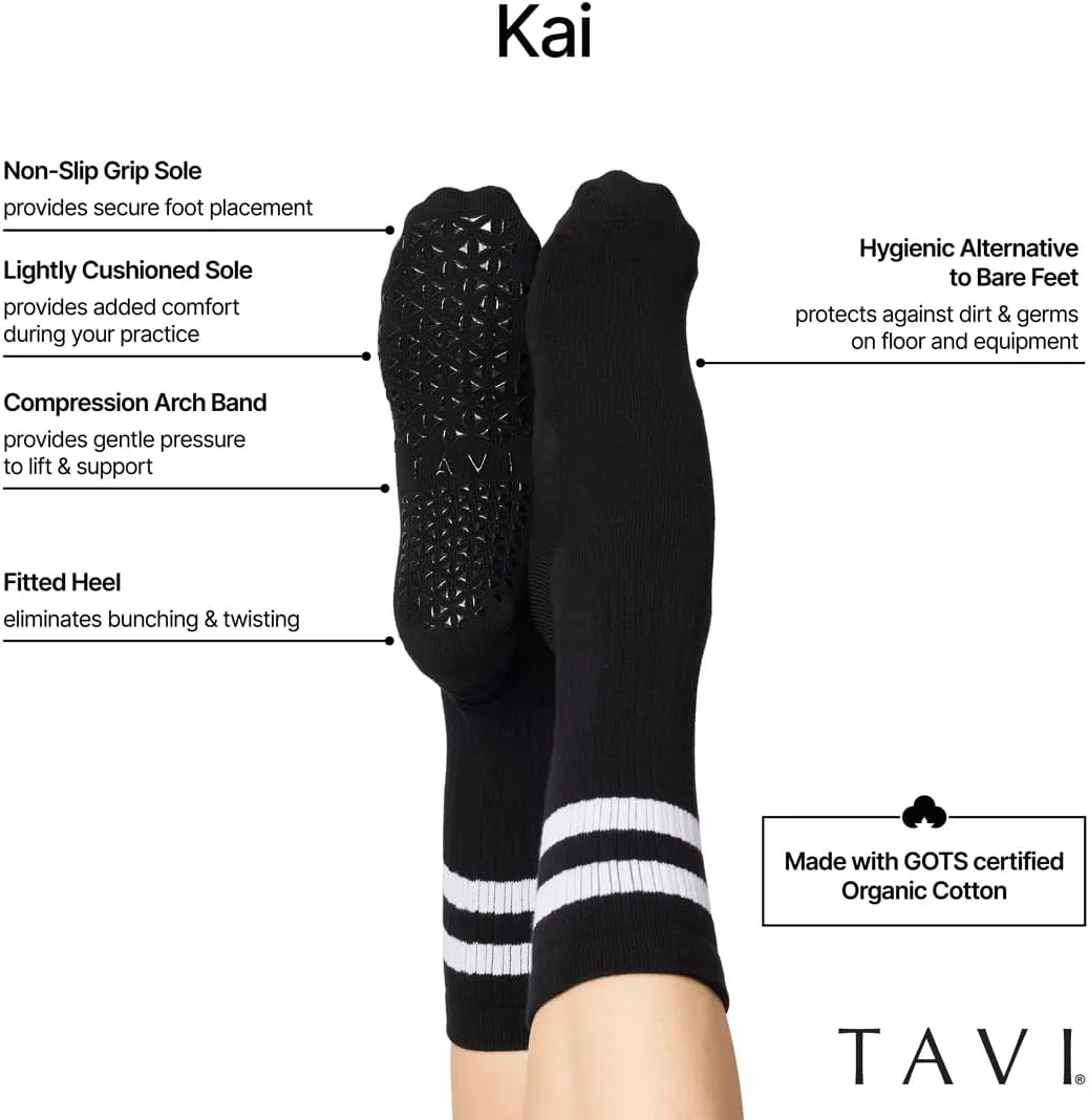 TAVI Kai Fashion Crew Grip Socks - For Slipper Barre, Pilates, and Yoga - with Grips for Women and Men
