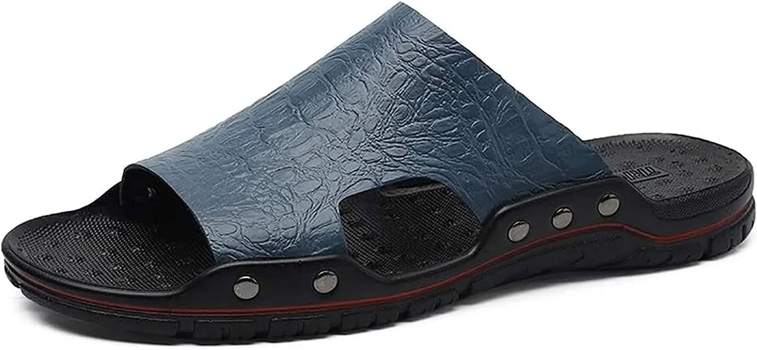 TEidea Men's Leather Slide Sandals Non-Slip Outdoor Beach Slippers Casual Oversized Sandals(Color:Haze Blue;Size:40 EU)