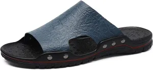 TEidea Men's Leather Slide Sandals Non-Slip Outdoor Beach Slippers Casual Oversized Sandals(Color:Haze Blue;Size:40 EU)
