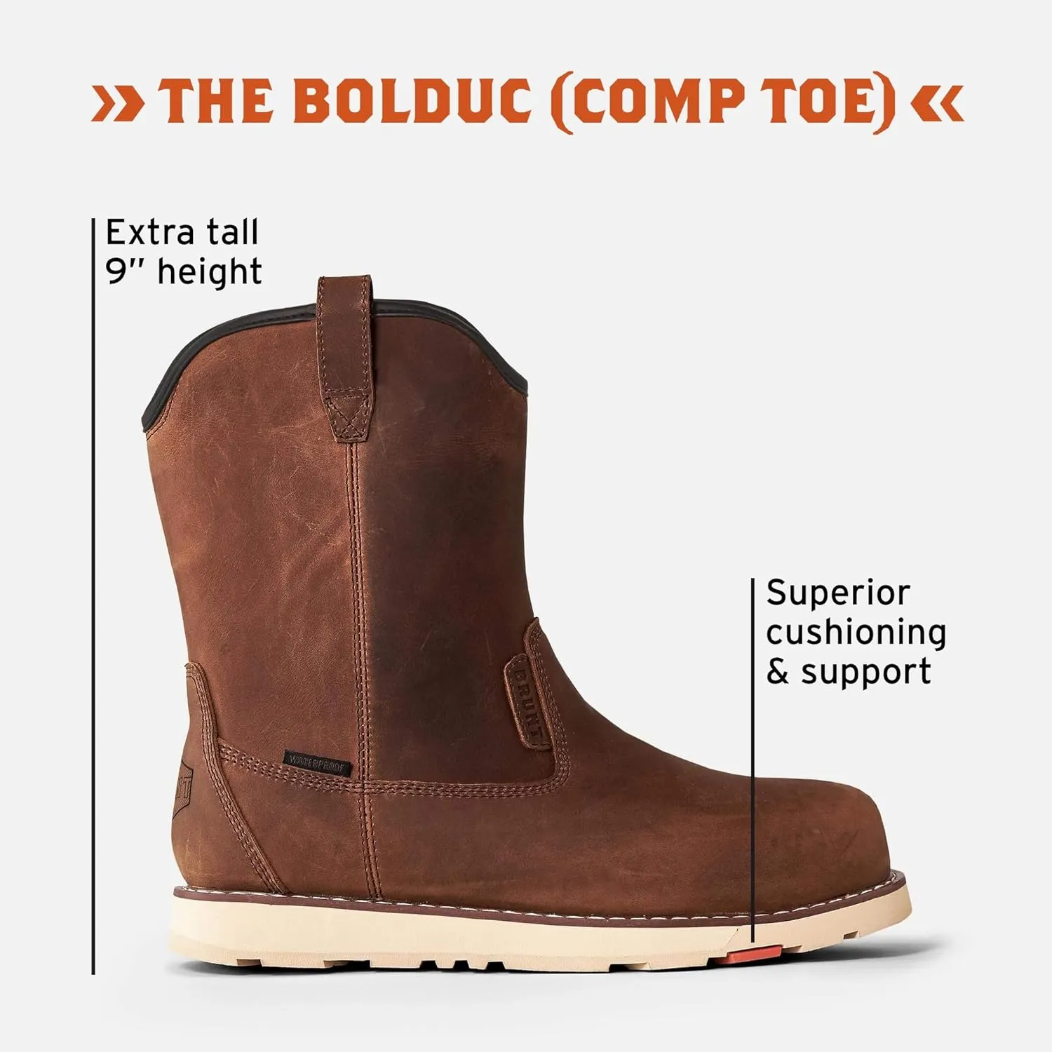 The BRUNT Bolduc (Comp Toe) - Brown - 9" Waterproof Pull-On Wellington Wedge Work Boot - EH Rated - Slip   Oil Resistant - Adjustable Width System
