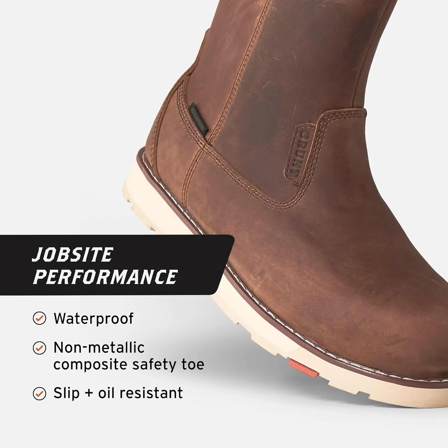 The BRUNT Bolduc (Comp Toe) - Brown - 9" Waterproof Pull-On Wellington Wedge Work Boot - EH Rated - Slip   Oil Resistant - Adjustable Width System