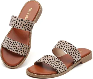 Tilocow Women's Flat Sandals with Rivets Inlaid Slip on Sandals Two Strap Casual Summer Slide Shoes