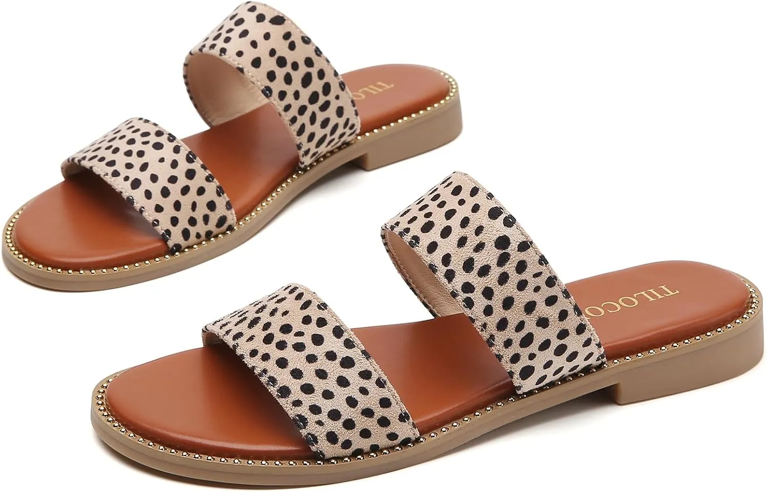 Tilocow Women's Flat Sandals with Rivets Inlaid Slip on Sandals Two Strap Casual Summer Slide Shoes