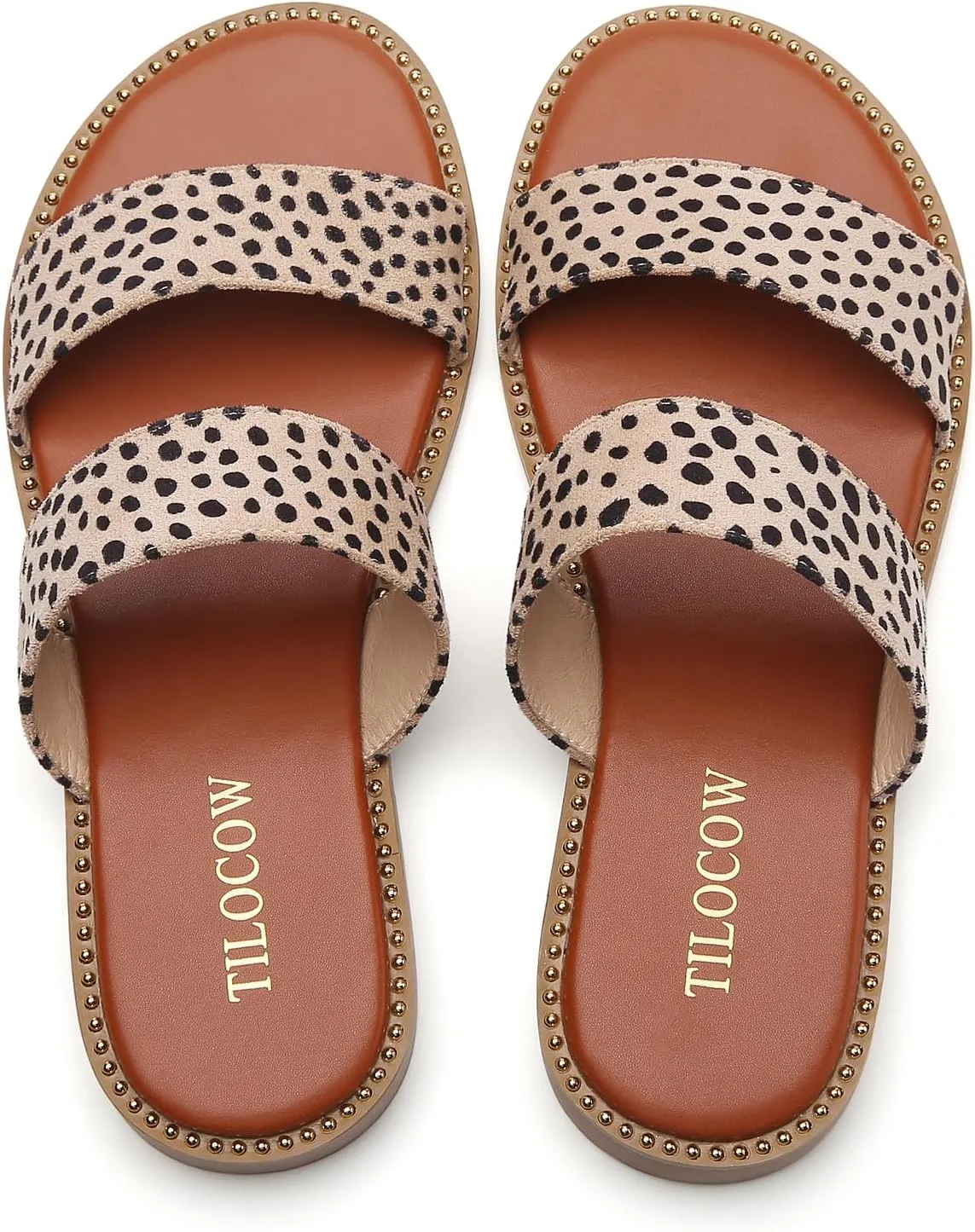 Tilocow Women's Flat Sandals with Rivets Inlaid Slip on Sandals Two Strap Casual Summer Slide Shoes