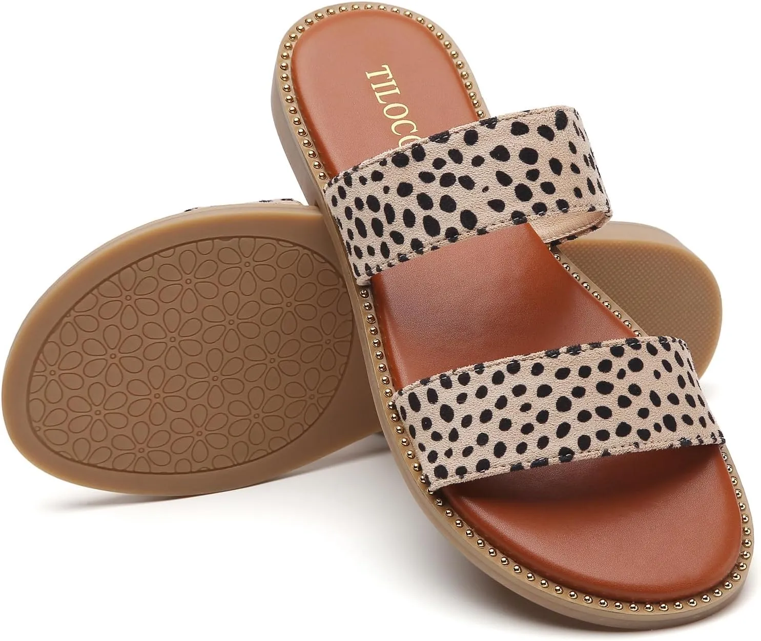 Tilocow Women's Flat Sandals with Rivets Inlaid Slip on Sandals Two Strap Casual Summer Slide Shoes