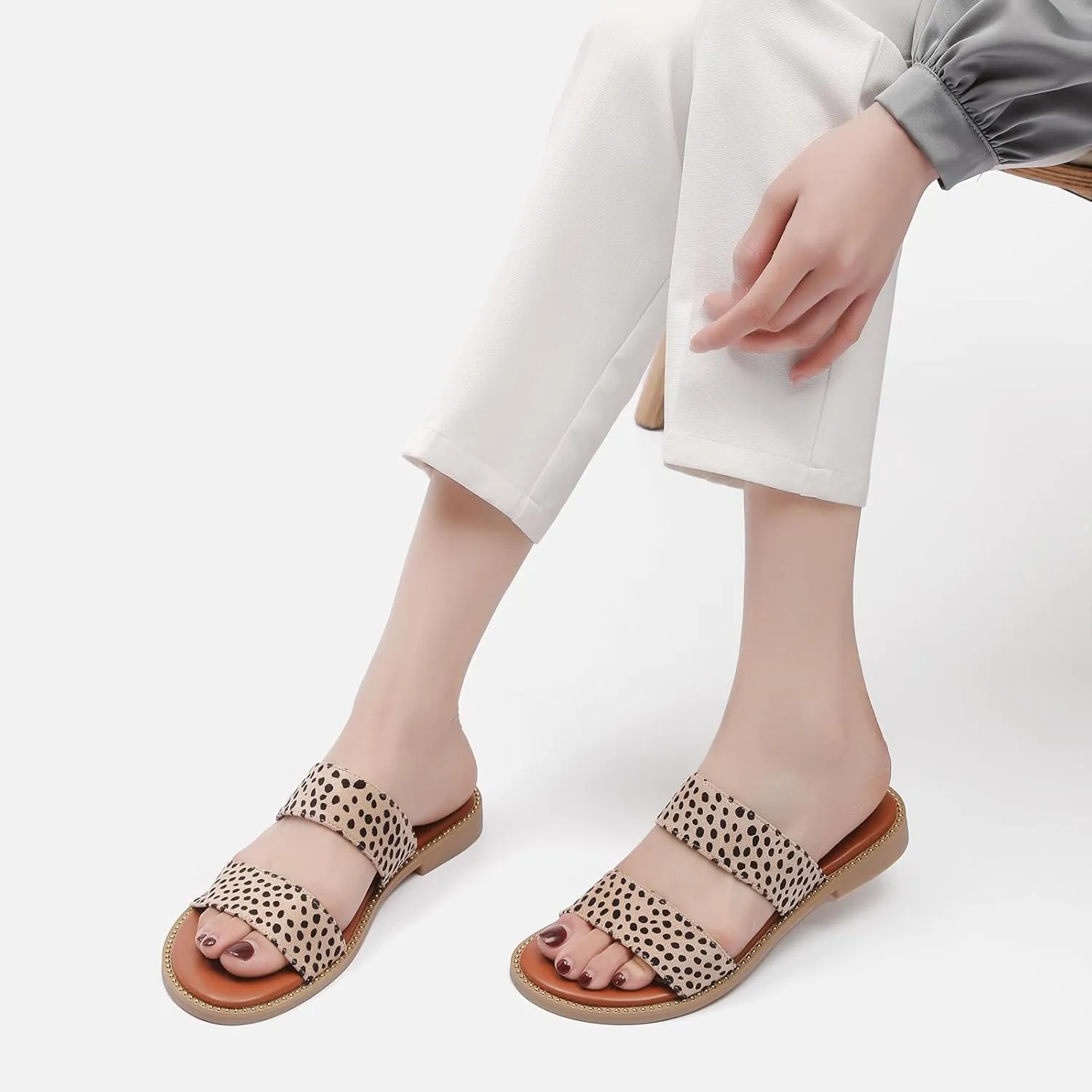 Tilocow Women's Flat Sandals with Rivets Inlaid Slip on Sandals Two Strap Casual Summer Slide Shoes