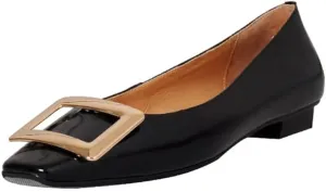 TinaCus Women's Square Toe Patent Leather Handmade Buckle Comfort Slip On Flat Shoes