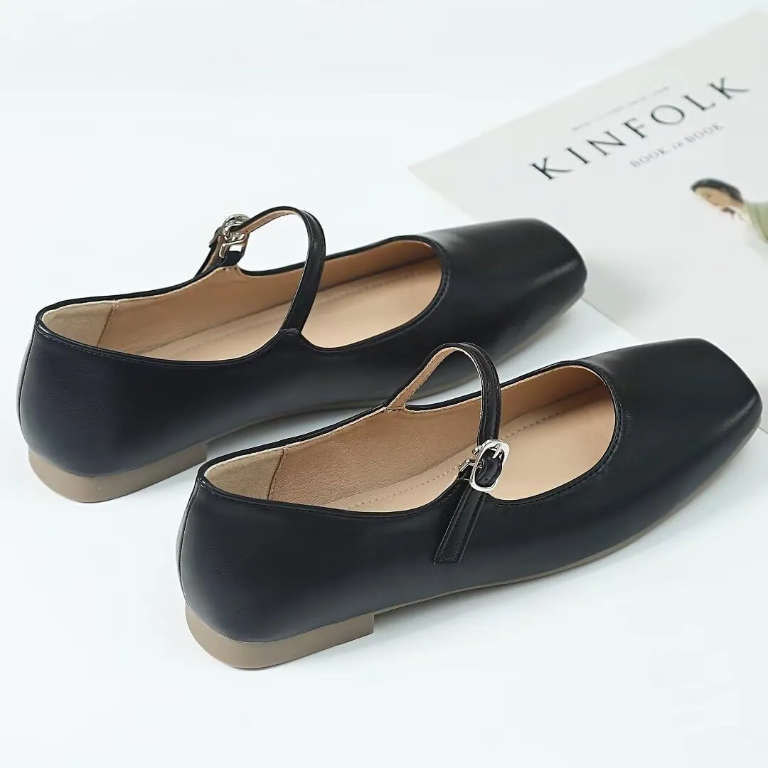 TN TANGNEST Women's Mary Jane Flats Fashion Square Toe Slip On Buckle Flats Soft Comfortable Casual Flat Shoes