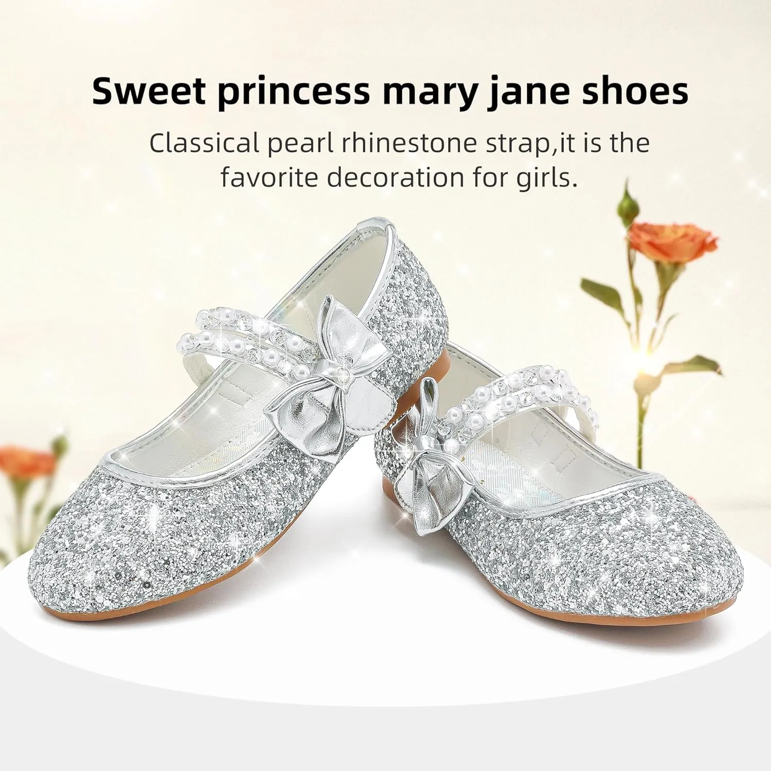 Toddler Girls Dress Shoes - Black Floral Mary Jane Flats for Girls - Water Resistant - All Seasons - Casual - Wedding, Dance, Daily Wear
