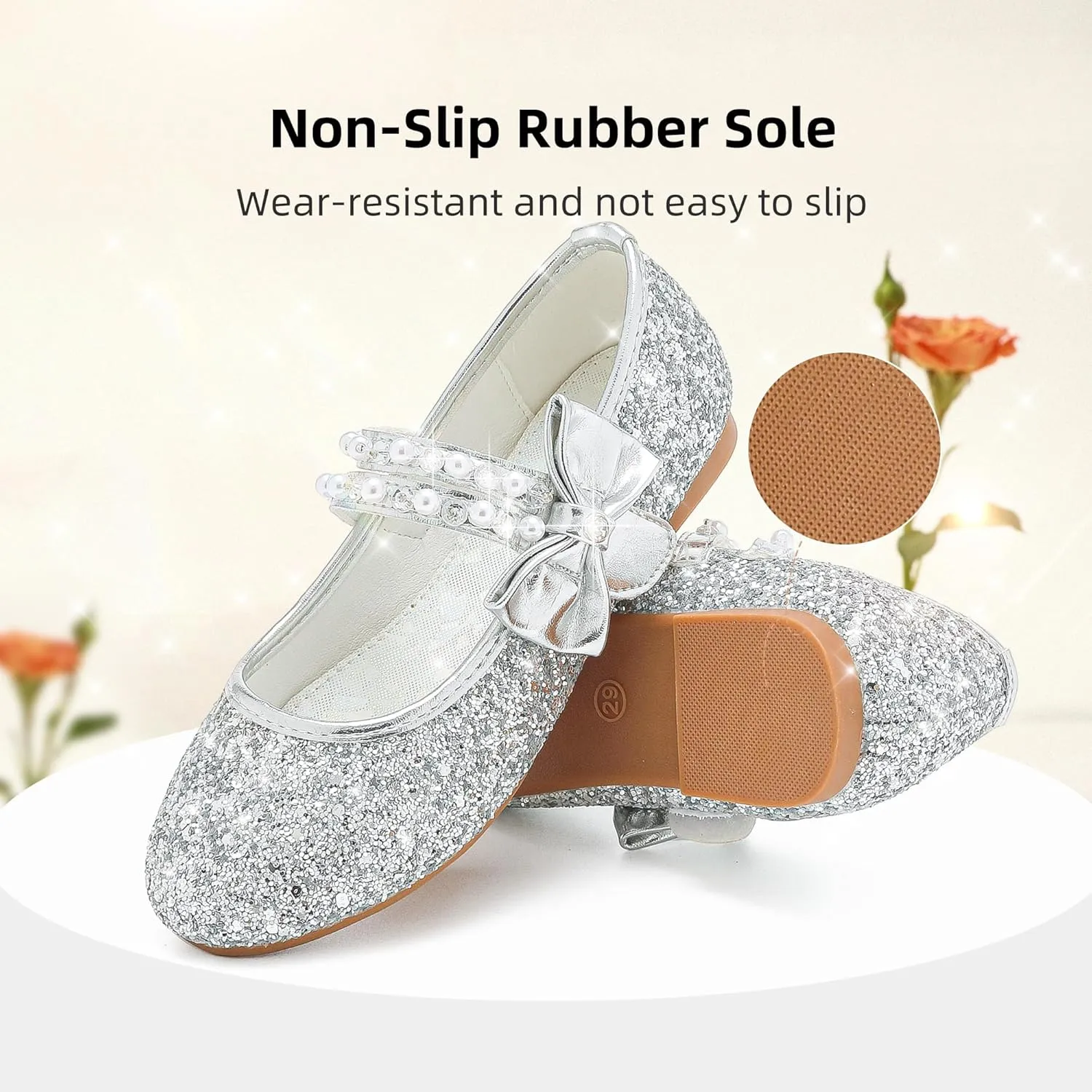 Toddler Girls Dress Shoes - Black Floral Mary Jane Flats for Girls - Water Resistant - All Seasons - Casual - Wedding, Dance, Daily Wear
